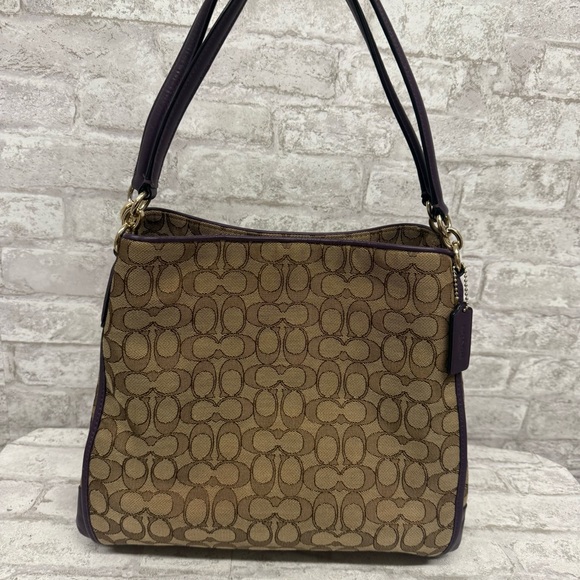 Coach Signature‎ Phoebe Carryall Hobo Bag Purse Brown Navy - Picture 1 of 14